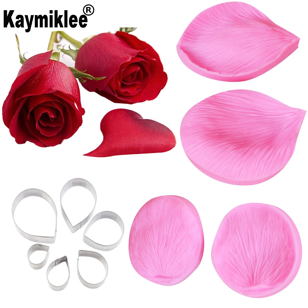 Rose Flower Petal Veiner &Cutter Silicone Molds Fondant Sugarcraft Gumpaste Clay Water Paper Baking Cake Decorating Tools CS221