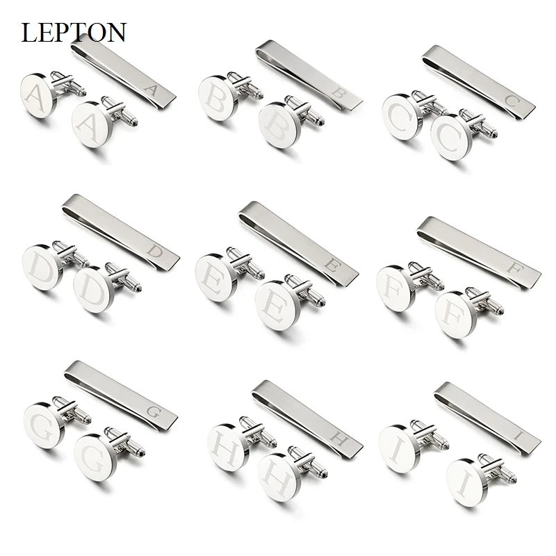 LEPTON Letter A To Z Cufflinks Tie Clips Sets Round Letters Of An Alphabe Cuff Links For Mens Wedding Business Cufflink Gemelos