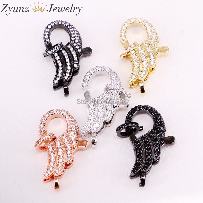 

5PCS ZYZ324-9739 CZ Micro Pave Angel Wings Lobster Clasp, Cubic Zirconia Clasp, Findings