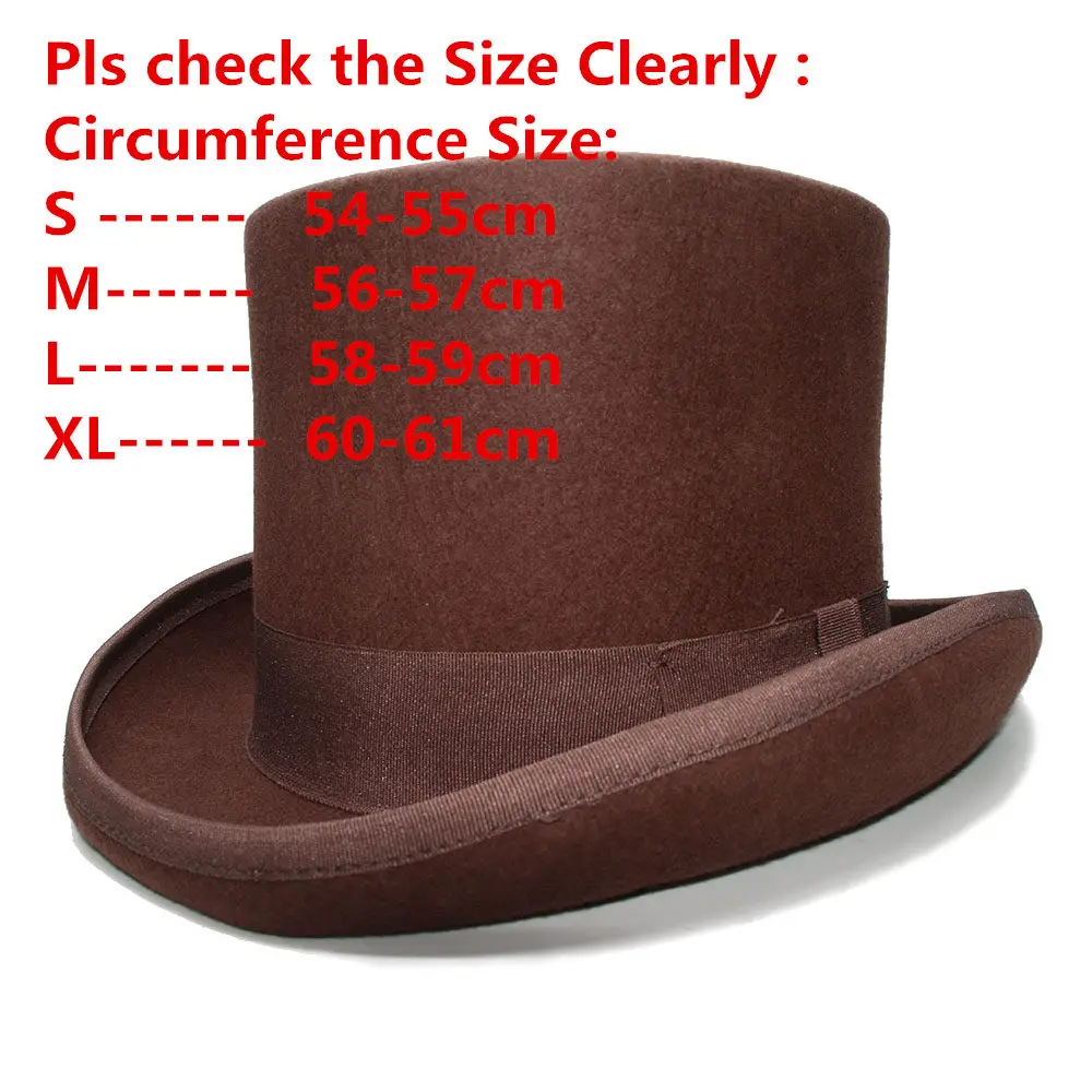 13cm Height Retro Women's Men's Brown Color Top Round Flat Top Wool 100% Vintage Magician President Lincoln Gentleman Bowler Hat