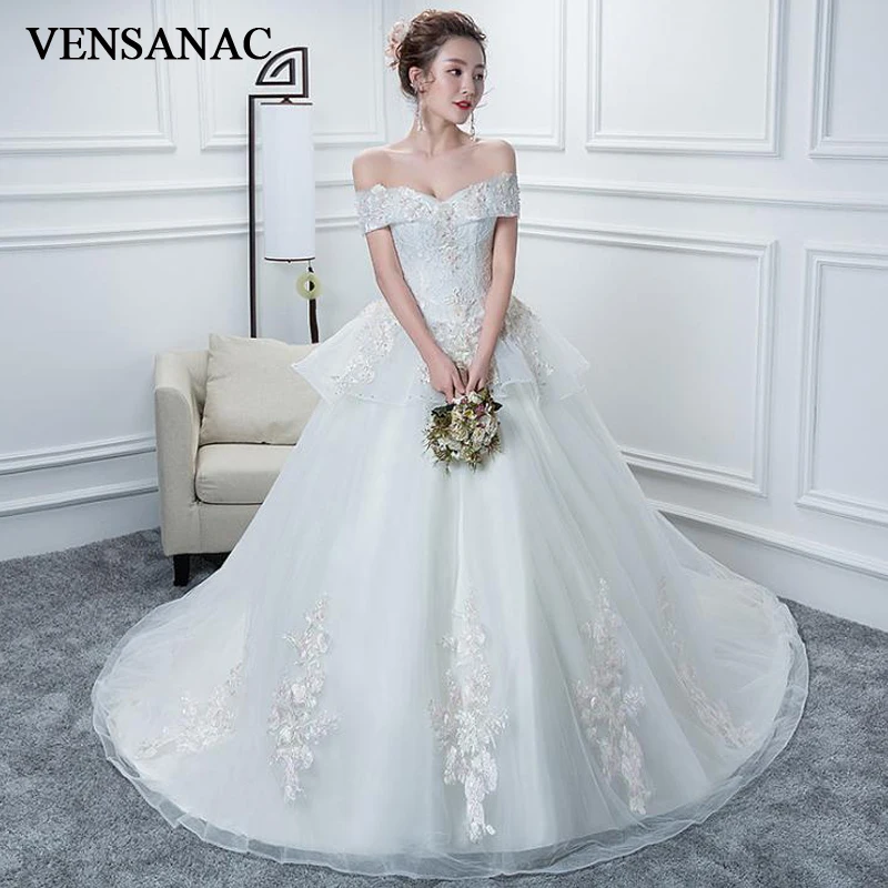 

VENSANAC V Neck Lace Flowers Appliques Ball Gown Wedding Dresses Pearls Court Train Backless Bridal Gowns