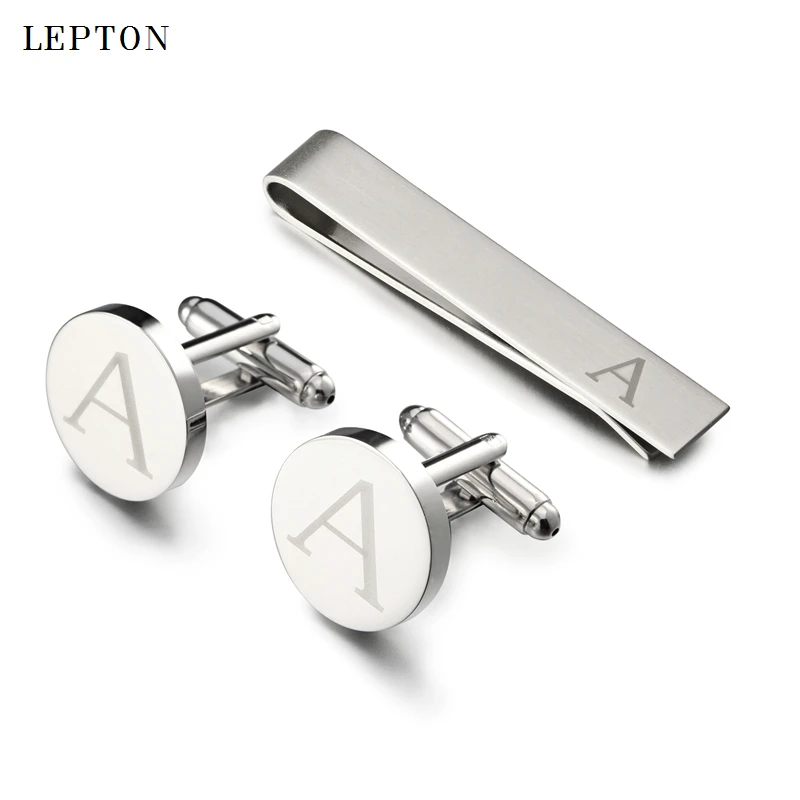 Lepton Letters Cufflinks & Tie Clips Set Silver Color Letters Of An Alphabet A Cufflinks For Mens Shirt Cuffs Cufflink Gemelos