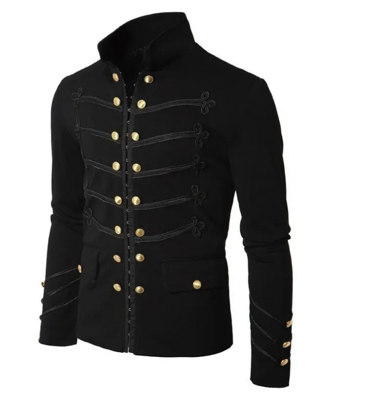 Men Vintage Military Gothic Parade Jacket Embroidered Buttons Solid Color Top Retro Uniform Ziper Outerwear