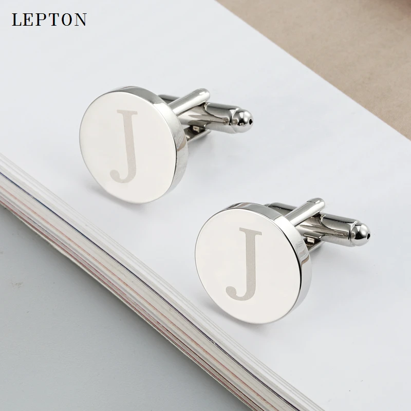 Hot Sale Round Letters J Cufflinks for Mens Silver Color Letters J of alphabet Cuff links & Tie Clip Set Men Shirt Cuffs Button