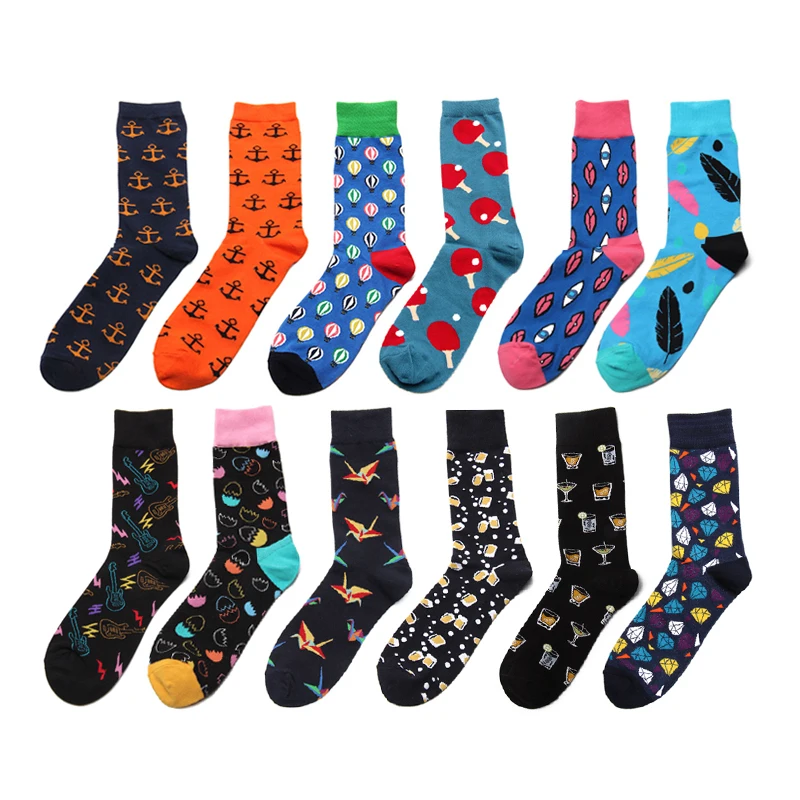 Men Socks Funny Cartoon Balloon Guitar Feather Glass Harajuku Happy Skate Street Male Hip Hop Vintage Casual Cotton Socks Black