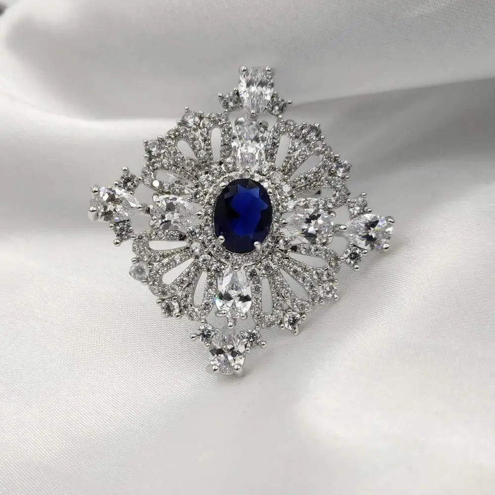 Royal Vintage CZ Loop Ribbon Oval Cut Blue CZ Stone Square Brooch Art Deco Pins Princess Jewelry for Women Outfit Dressy Jewelry