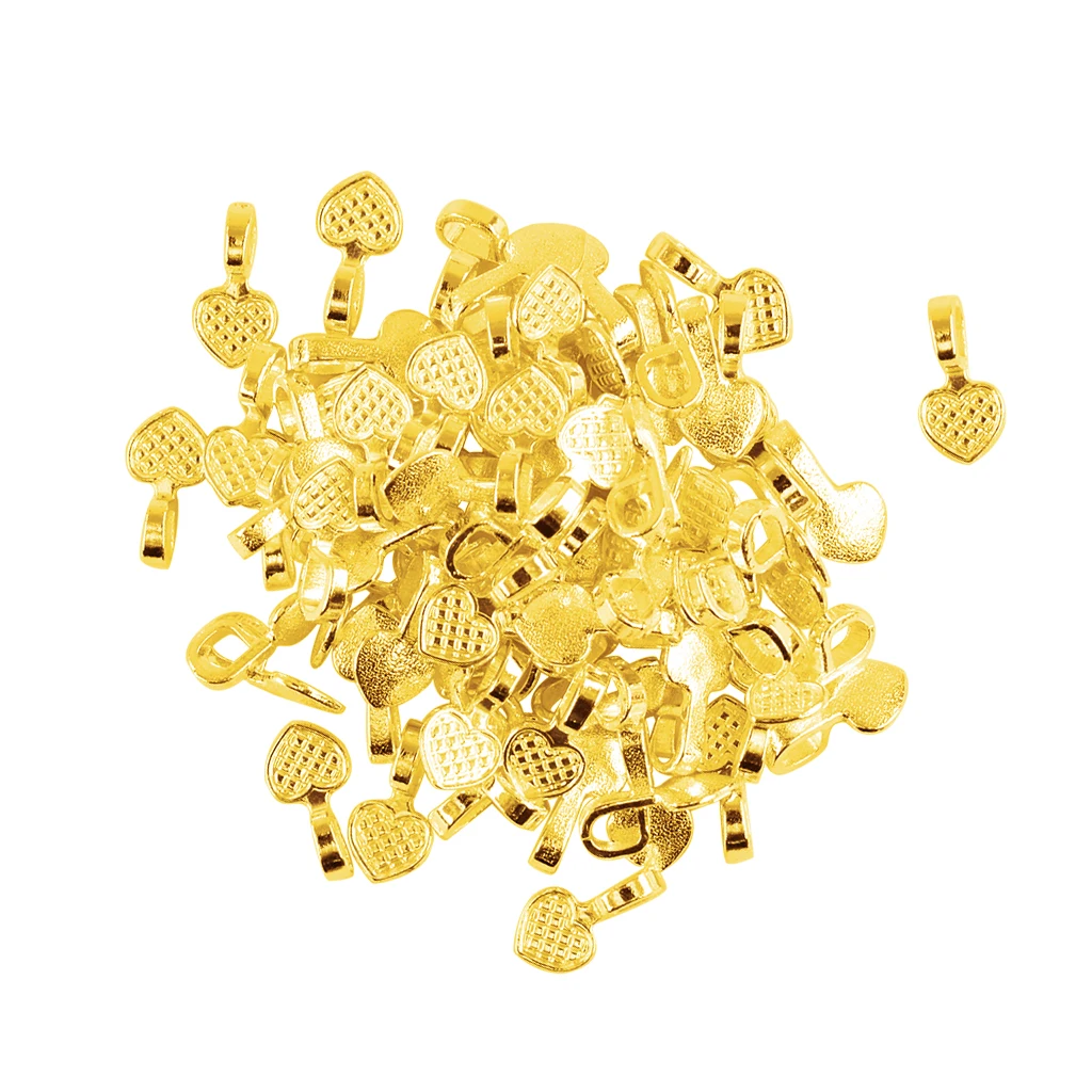 100 PCS Alloy Shiny Gold Heart Glue on Bails Pendants Setting For Earrings Necklaces Pendant Making DIY Jewelry Making