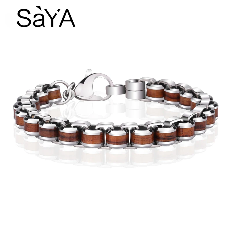 Men Fashion Bracelets Tungsten Carbide Links Chain Bracelets Inlay Natrual Wood Length 18.5/19.5/20.5cm