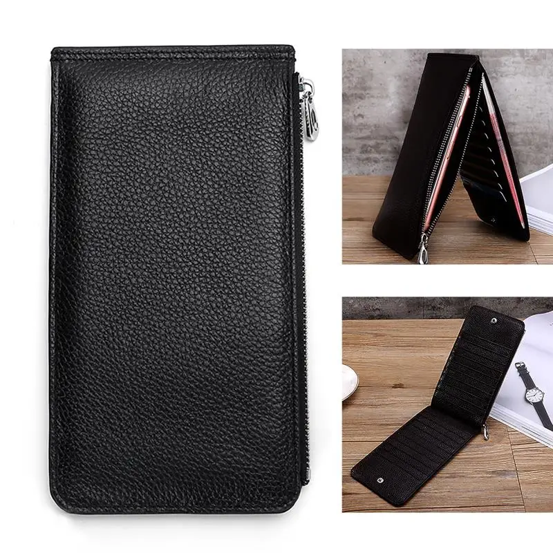 New Men Male Long Wallet Double Zippers Clutch Handbag Genuine Leather Wallet Coin Purse ID Credit Card Holders Cases Carteira