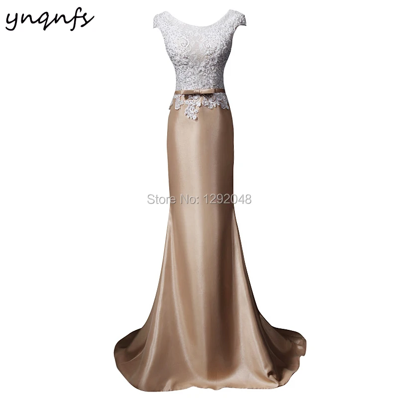 

MD401 Satin Lace Appliques Pearls Beaded Sexy See-through Cap Sleeves Mermaid Elegant Mother of Bride/Groom Dresses Brown 2019