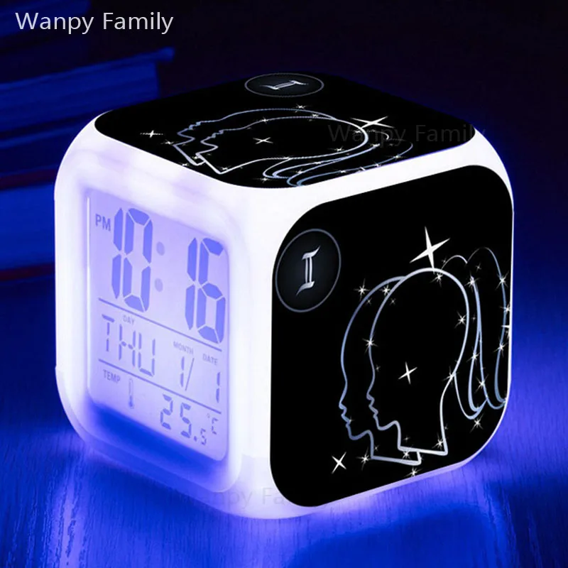 Gemini LED Alarm Clock 7 Color Change Glowing Digital Alarm Clock For Kids Birthday Gift Multifunction Luminous Electronic Clock