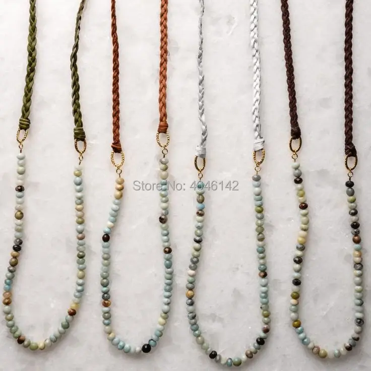 Amazonite Beads Necklae Olive or Gray or Orange Or Brown Braided Leather Necklace