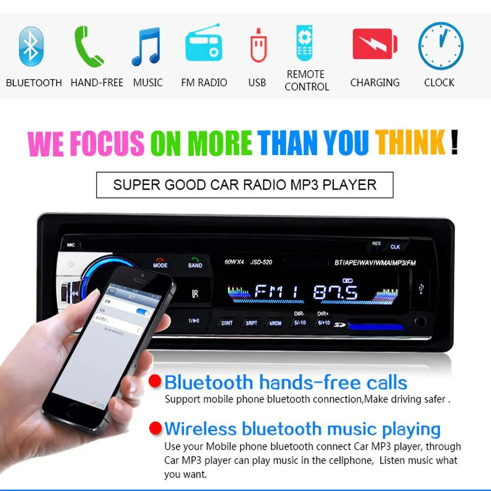 Hikity Bluetooth Autoradio 12V Car Stereo Radio FM Aux-IN Input Receiver SD USB JSD-520 In-dash 1 din Car MP3 Multimedia Player