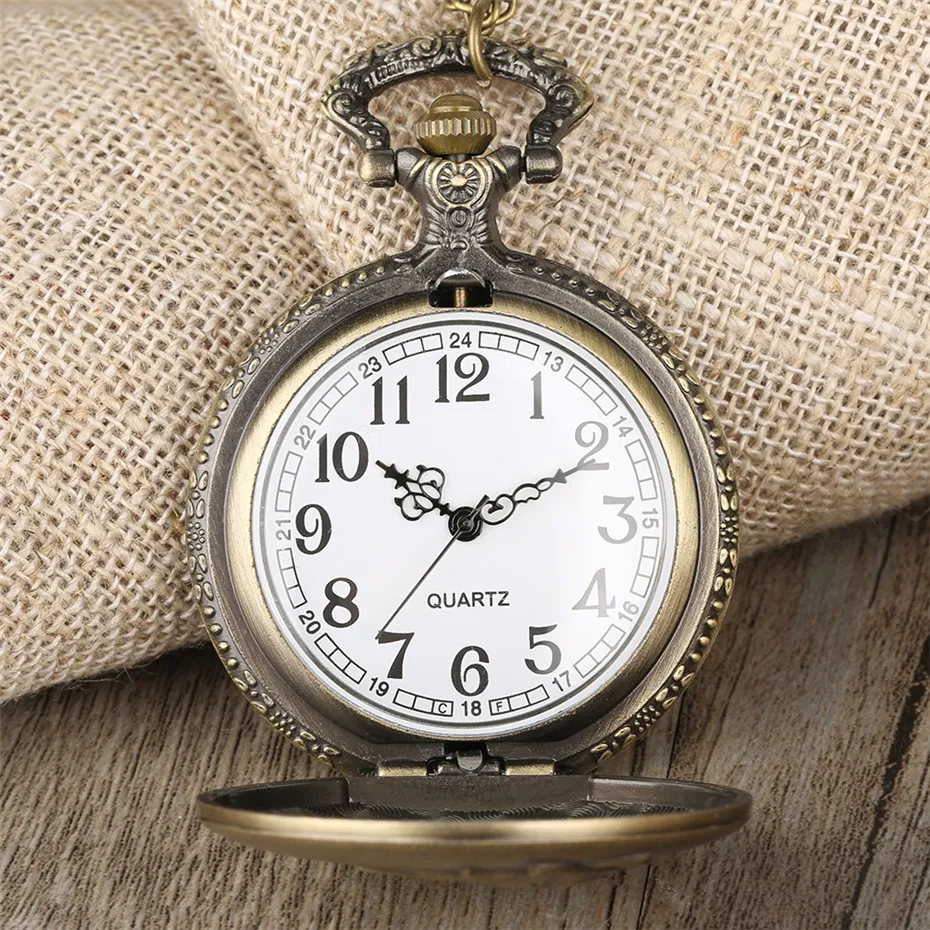 Vintage Bronze Pocket Watch Quartz Retro Horse Full Hunter Pendant Watch with Fob Necklace Chain Best Gift for Men Women reloj