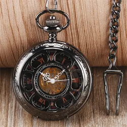 Hollow Circel Mechanical Pocket Watch Pendant Clock for Men Suit Hand-Winding Pocket Watches Steampunk Black Fob Clock Gift Male