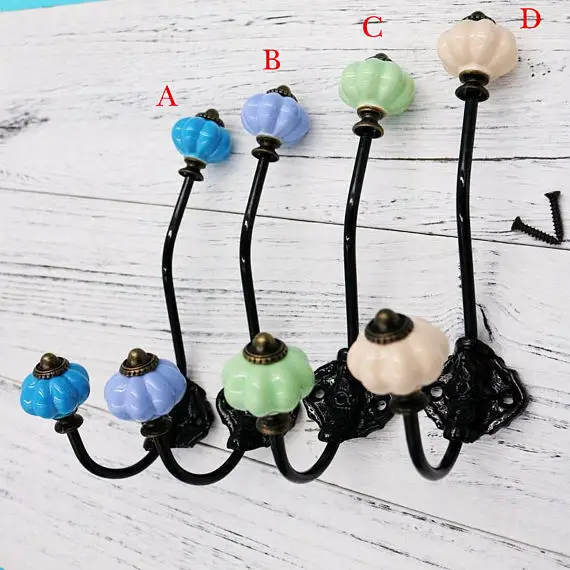 1 pc Ceramic Pumpkin Wall Hooks Coat Hooks Colorful Decorative Hooks Coat Hangers Kitchen Hangers Curtain Tie Backs 8 Color