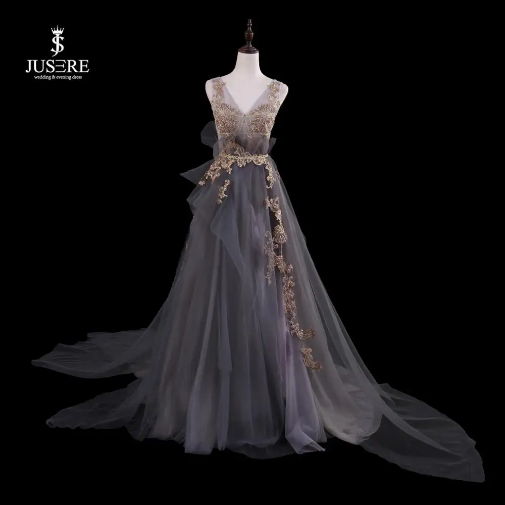 JUSERE Gray A-Line V-Neck Sleeveless See Through Sweep Train Lace Embroidery Beaded Long Evening Dress Formal Gowns