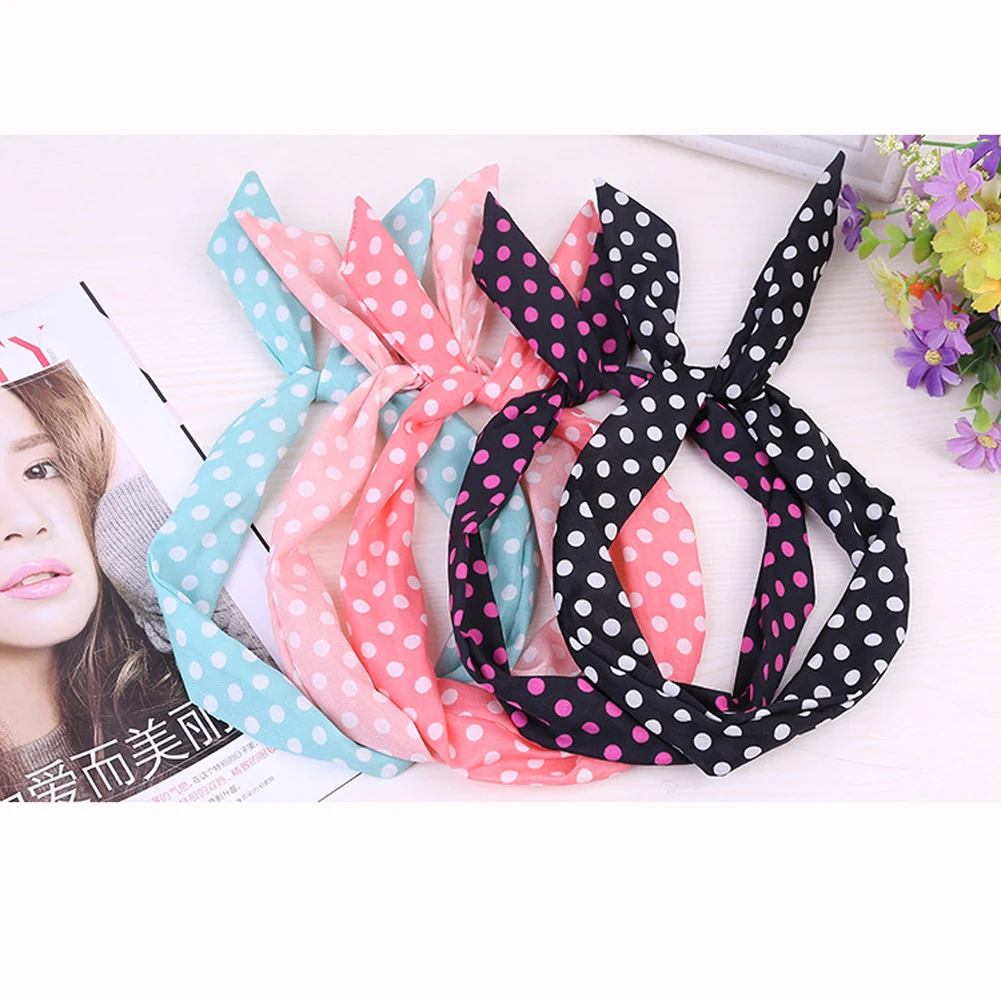 fashion Cute Dots print flower Bunny Rabbit Ear Ribbon Headwear Hairband Metal Wire Scarf Headband Hair Band Accessories