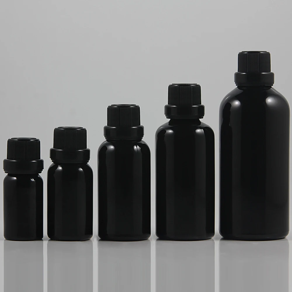 

wholesale 50pcs 10ml shiny black Essential oil glass bottle with plastic cap,small 10ml black glass essential oil container