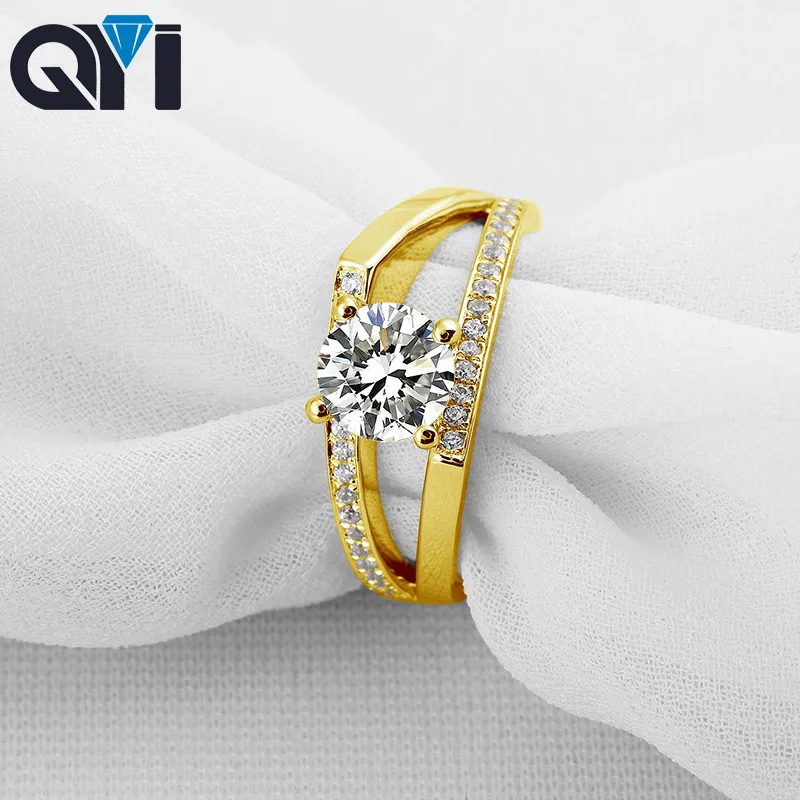 

QYI 14K Solid Yellow Gold Split Band Wedding Engagement Rings Women Round Cut Moissanite Diamond Jewelry