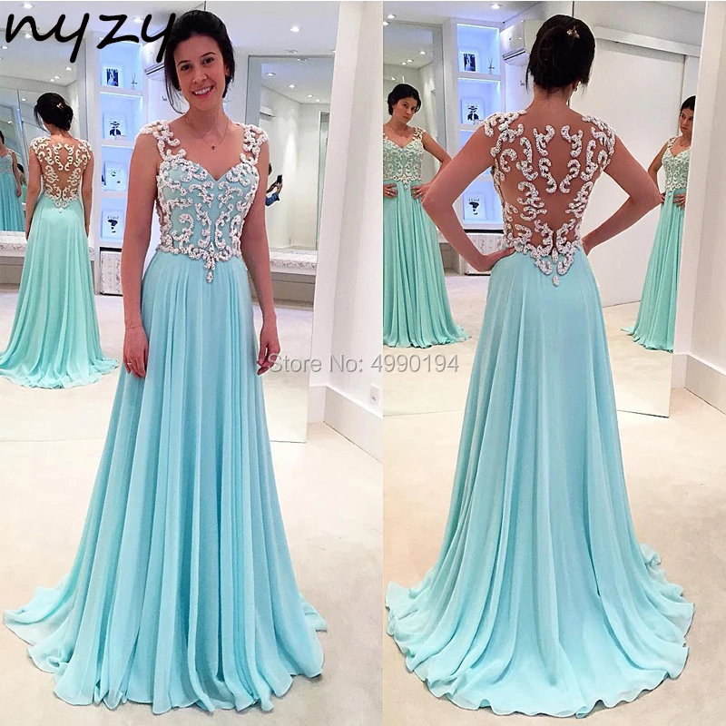 NYZY P5 Long Prom Dresses 2019 Crystal Dress Sexy Sheer Backless Chiffon vestido de festa longo formal dress women elegant