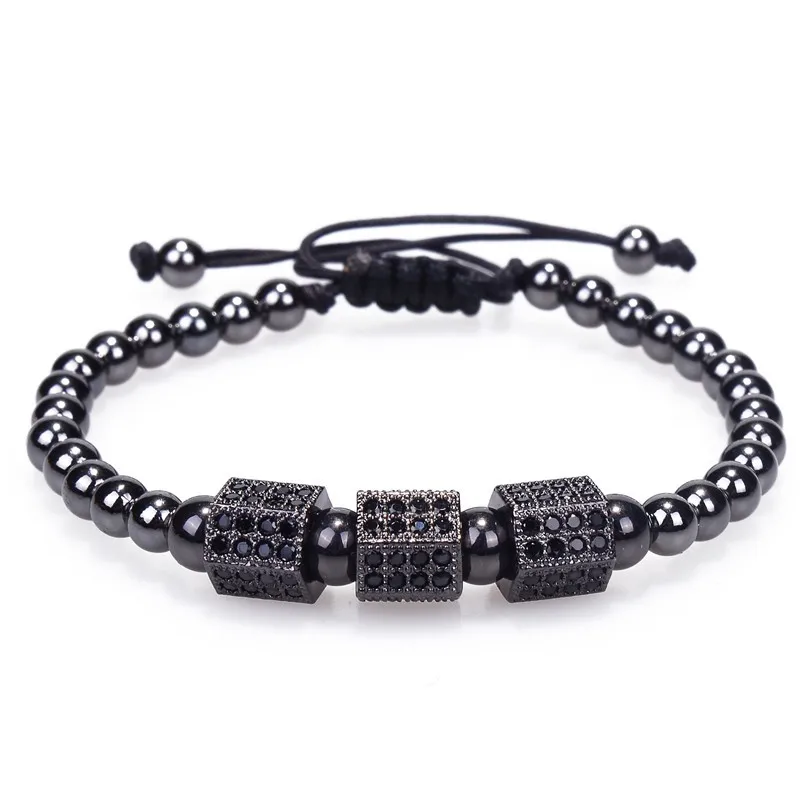 Fashionable Design Men Luxury Bracelet Hexagon Beads Micro Pave Black CZ Beads Cube Dice Macrame Braided Charm Bracelets