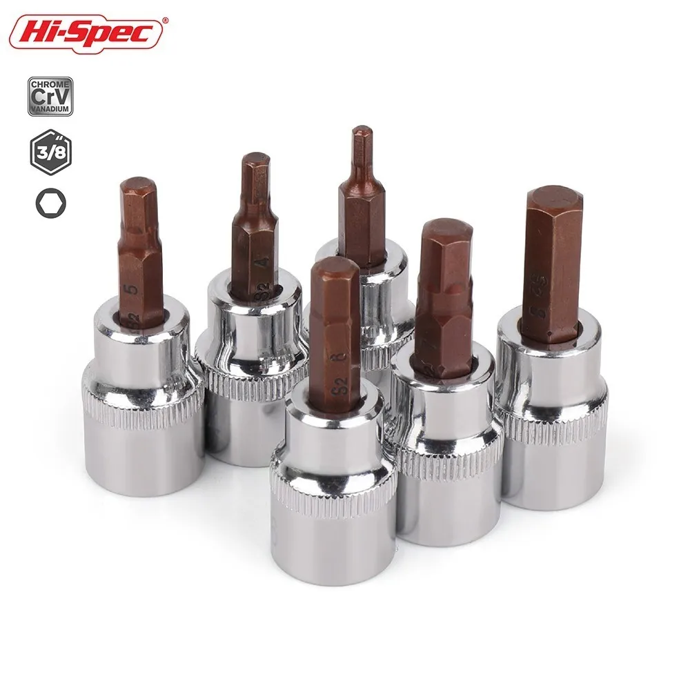 Hi-Spec 6pc 3/8 Hex Bit Socket Set S2 Spline Bit H3-H8 Adapter Allen Key Universal Head for Torque Spanner Ratchet Socket Wrench