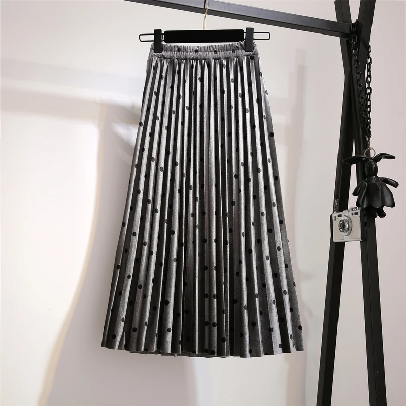 Pleated Skirts Women Spring Autumn Saia Midi High Waist Faldas Mujer Moda Plus Size Jupe Femme Vintage Velvet Dots Ladies Skirt