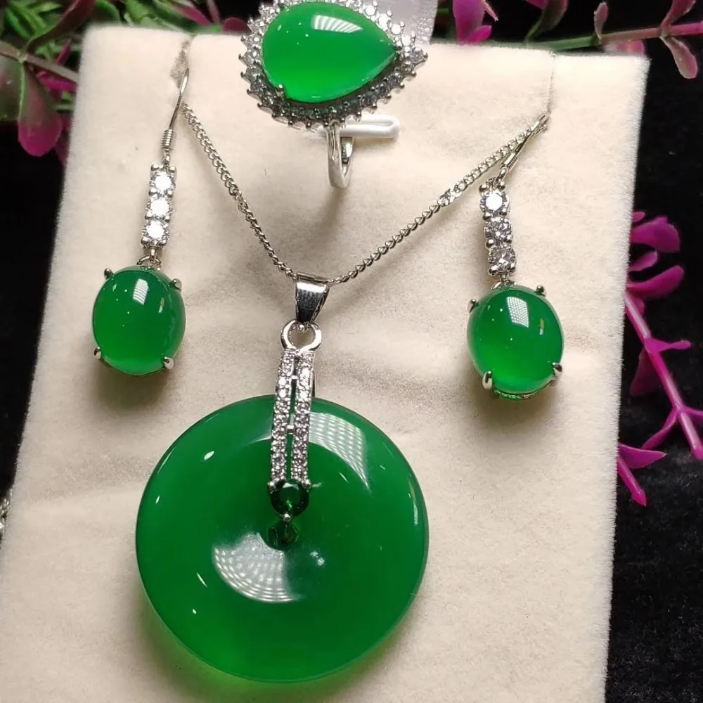 Koraba 3pcs 925 Sterling Silver Natural Lucky Donut Green Yellow Jade Gemstone Pendant Necklace Earrings Ring Women Jewelry Set