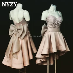 NYZY C111 Champagne Robe Cocktail Dress Party High Low Big Bow Short Front Long Back Prom Dress vestido de madrinha 2019