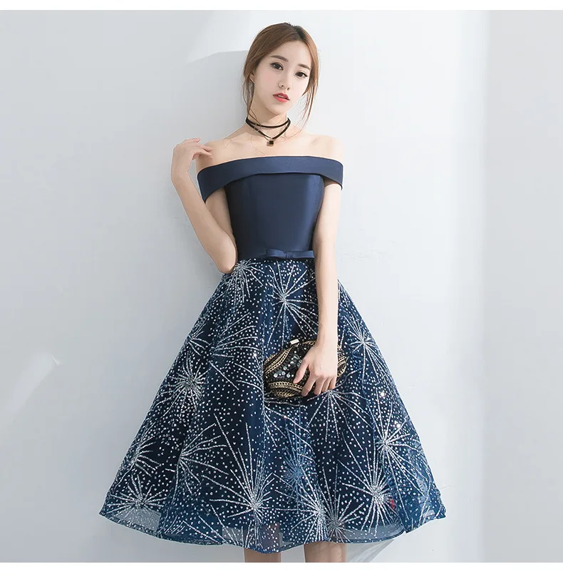 

Dark Blue Off The Shoulder Women Girls Dresses Elegant Tulle Luxury Beading Bodycon Mini Formal Evening Party Dresses