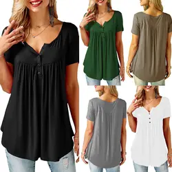 Camisetas holgadas informales de manga corta para mujer, túnica plisada con botones de Color sólido, Tops con cuello en v, jersey femenino, ropa de verano