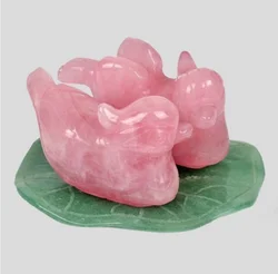 1 Set Rose Quartz Mandarin Duck Natural Stone Carved Lover Symbolize Figurine Green Aventurine Stand