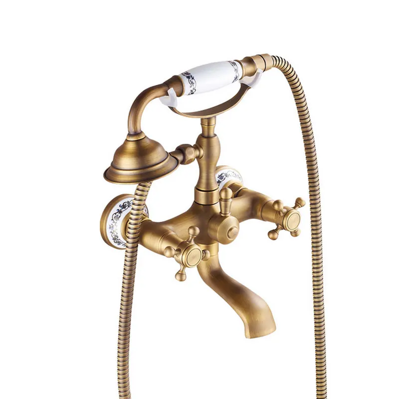 European Style Bathroom Shower Faucet Antique Brushed Brass Hot And Cold Water Shower Mixer Hand Shower Combination Sets J18364