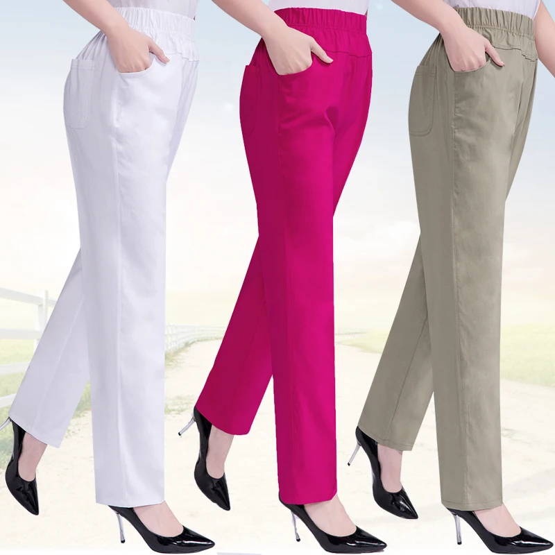 Spring Summer Women Thin Elastic Waist Casual Straight Pants Pantalones Mujer Female Solid Color Trousers Woman Clothing