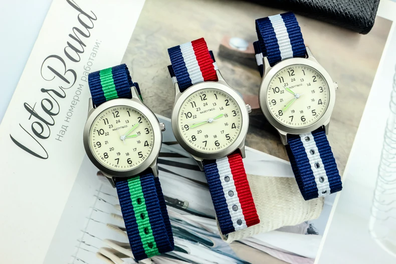 Nazeyt-Montre à quartz avec aiguilles lumineuses pour garçons et filles, montre de sport pour étudiants, montre de l'armée, bracelet en nylon coloré, montre pour homme, haute qualité