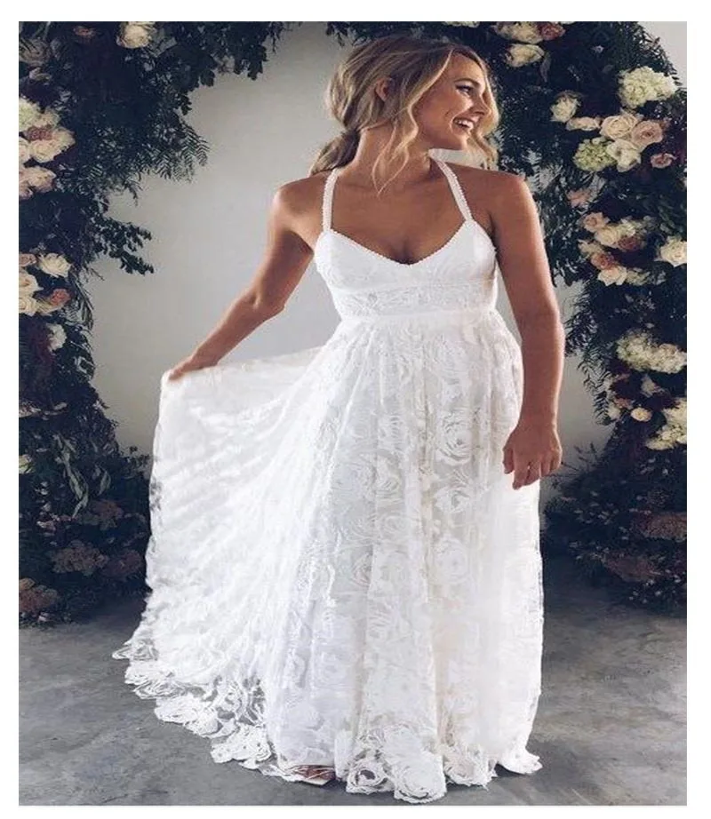 Lorie-vestido de novia de encaje con Espalda descubierta, traje elegante de gasa con cuello Halter, longitud hasta el suelo, color blanco marfil, 2019