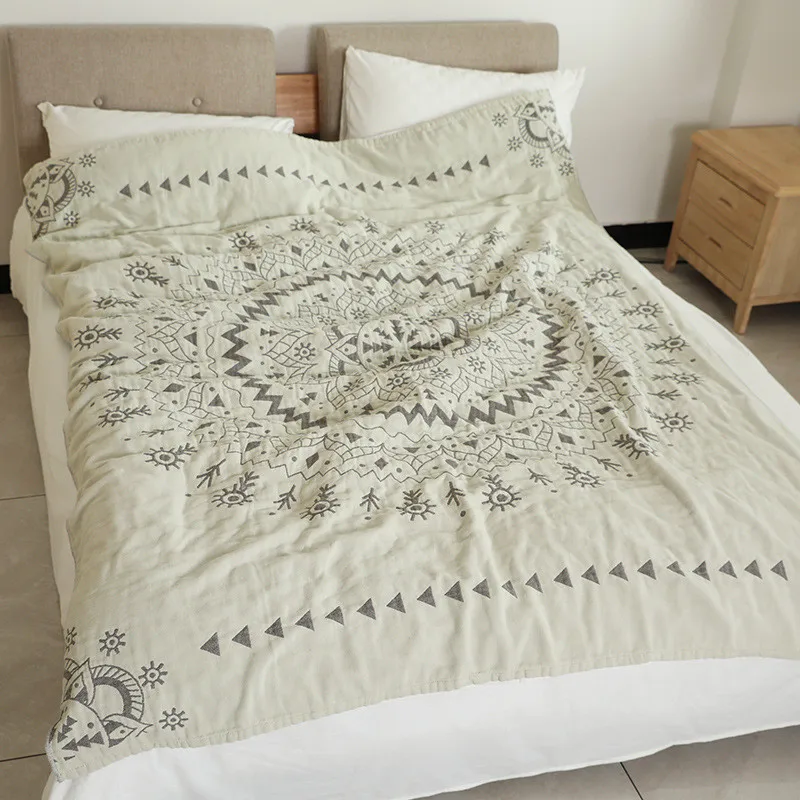 Mandala Aircondition Summer Quilt, Japanese Style, Sofa Bed Throw Blanket, 4 Layers, Cotton Gauze Toweling Blanket, Bedspread