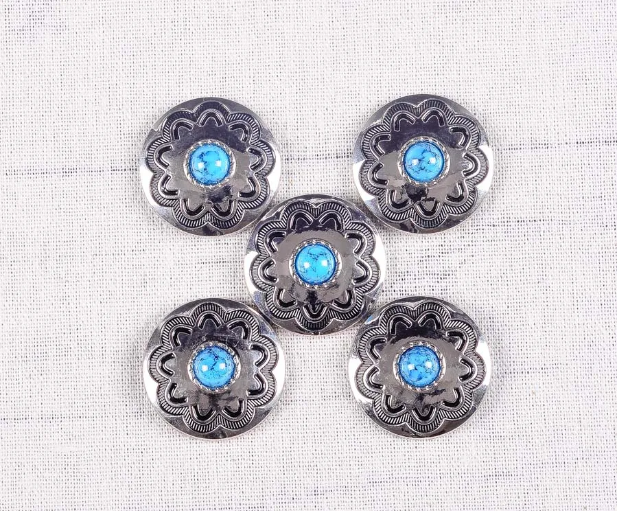 10PC 30MM Blue Turquoise Flower Western Horst HeadStall Saddles Bridle Tack Silver decoration Screwback