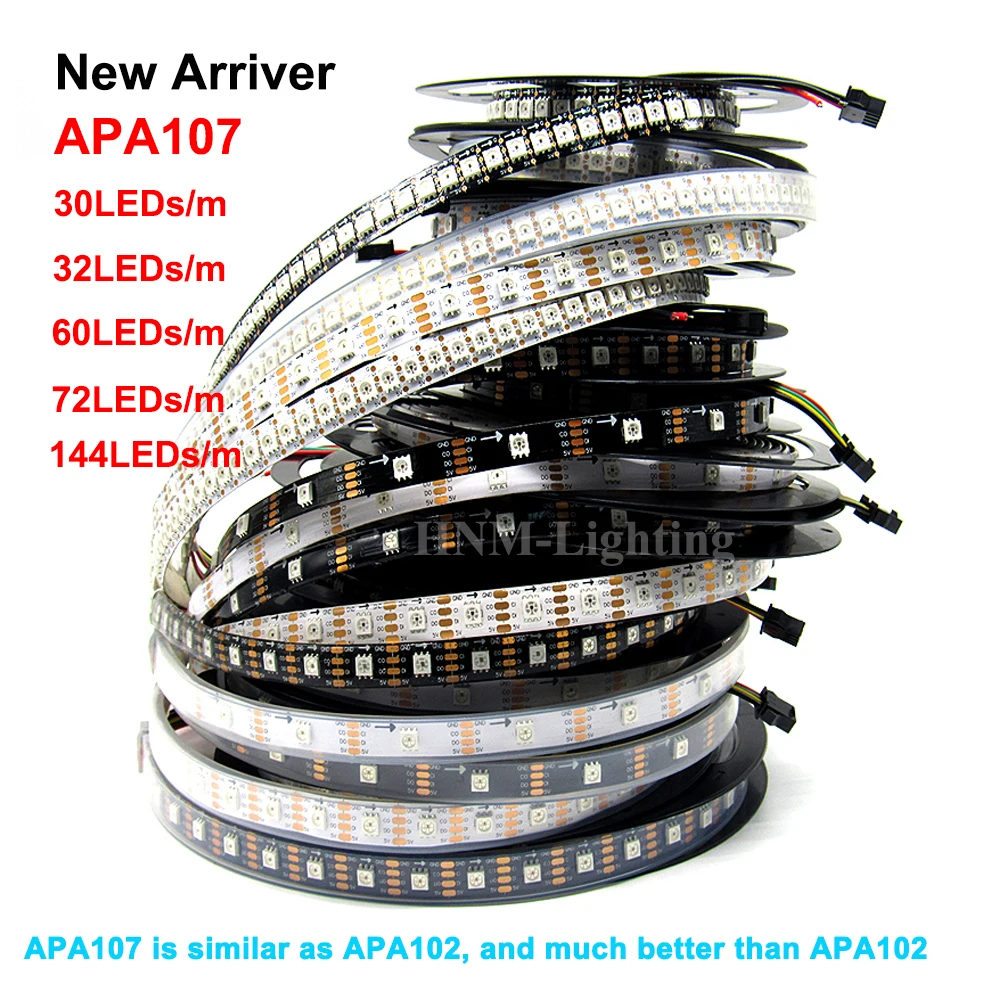 

1m/2m/5m APA107 (Similar APA102) 30/60/72/144 Pixels/LEDs/m 5050 Smart LED Pixel Strip Light,White/Black PCB,IP20/IP65/IP67 DC5V