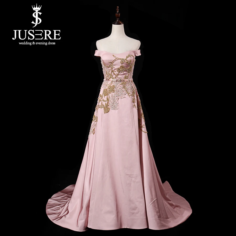 2019 NEW Pink Long Evening Dress Beaded Off The Shoulder A-Line Floor Length Sweep Train Prom Dress Vestido de festa longo