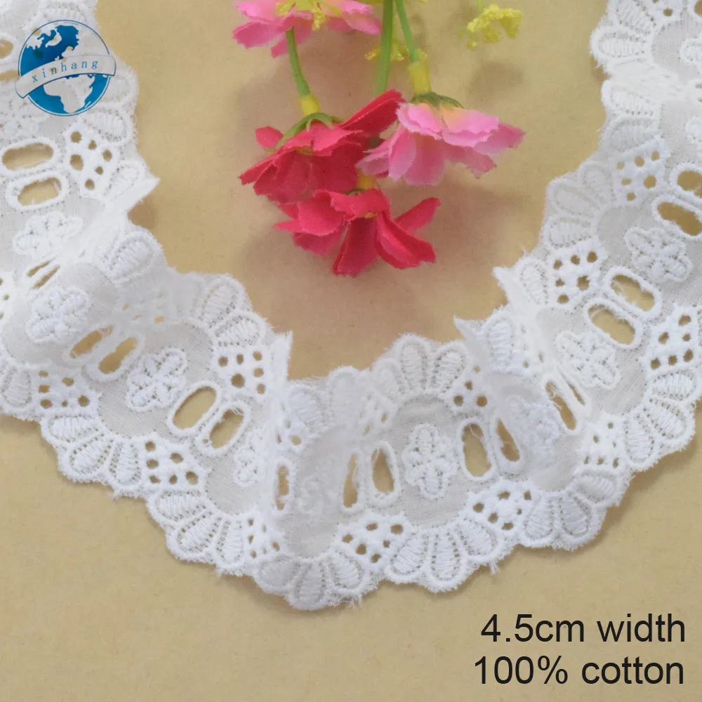 4.5cm Cotton White Embroided Lace Ribbon Dolls Trim Fabric DIY Wedding Accessories Supplies African French Lace Applique #3536