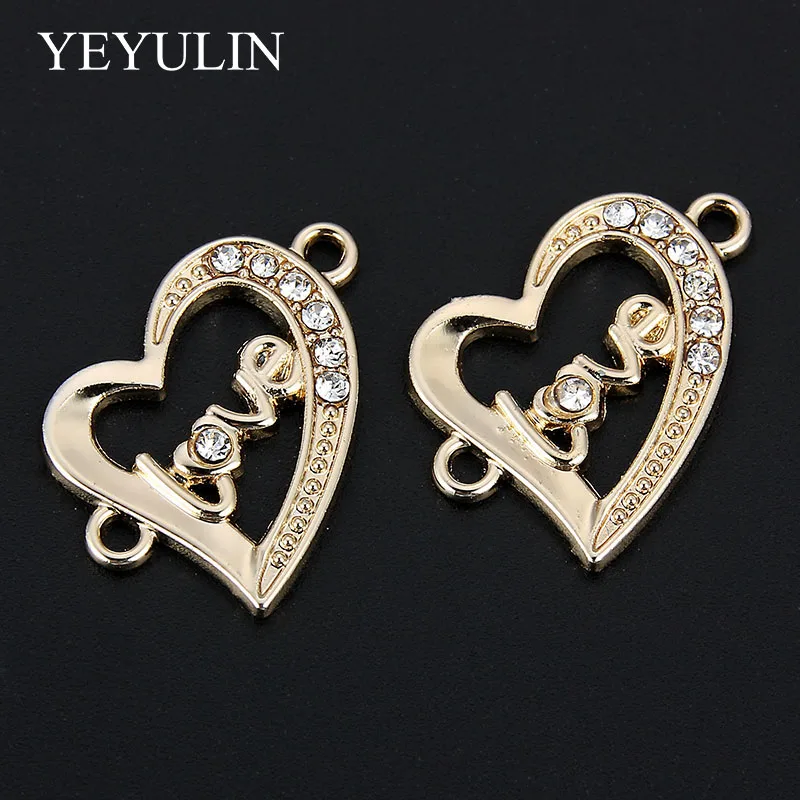 10 Pcs Golden Color Love Heart Shape Alloy  Crystal Connector Bracelet Charm For FIY Fashion Jewelry Making 2.1*2.3cm