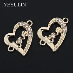 10 Pcs Golden Color Love Heart Shape Alloy Crystal Connector Bracelet Charm For FIY Fashion Jewelry Making 2.1*2.3cm