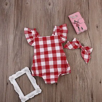 Fashion Toddler Baby Girl Romper Jumpsuit+Bowknot White&Red Plaid 100cmCotton Sunsuit Outfits Summer Clothes Infant Kids 0-18M