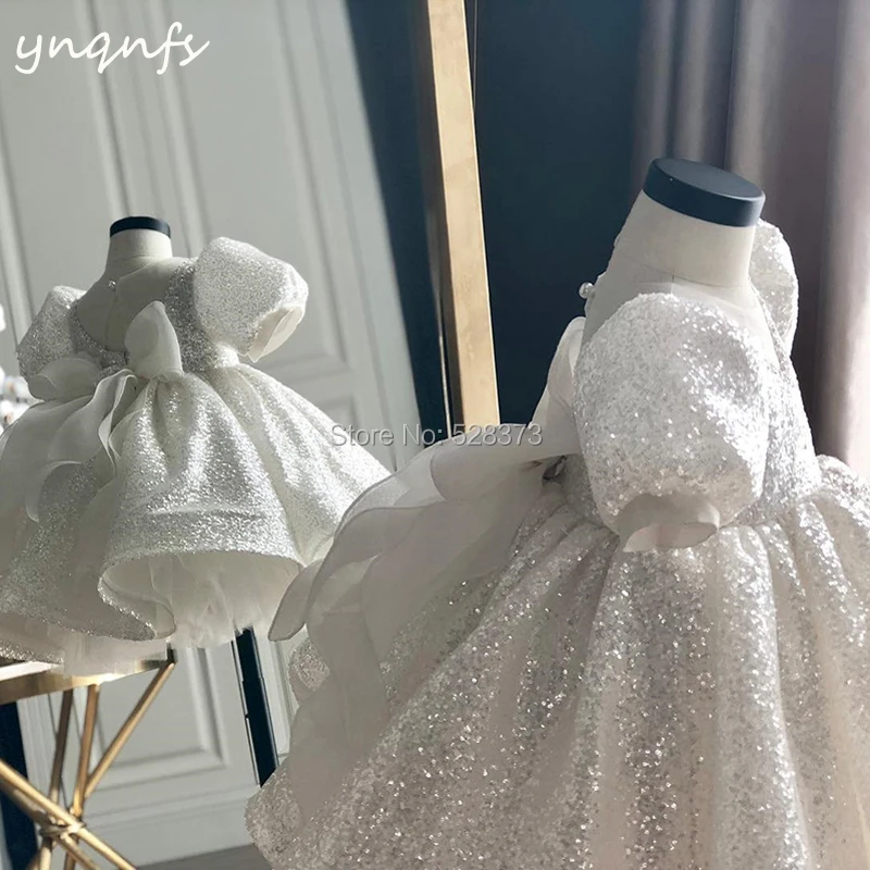 YNQNFS G16 Bow Back Bling Sequins White Princess Dress Flower Girl Dresses Tea Length Ball Gown Kids Birthday Party Gown