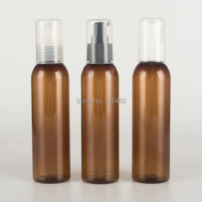 30pcs 150ml 5oz PET Amber dispenser pump bottle Empty Refillable Bottles brown body lotion container packaging with clear cover