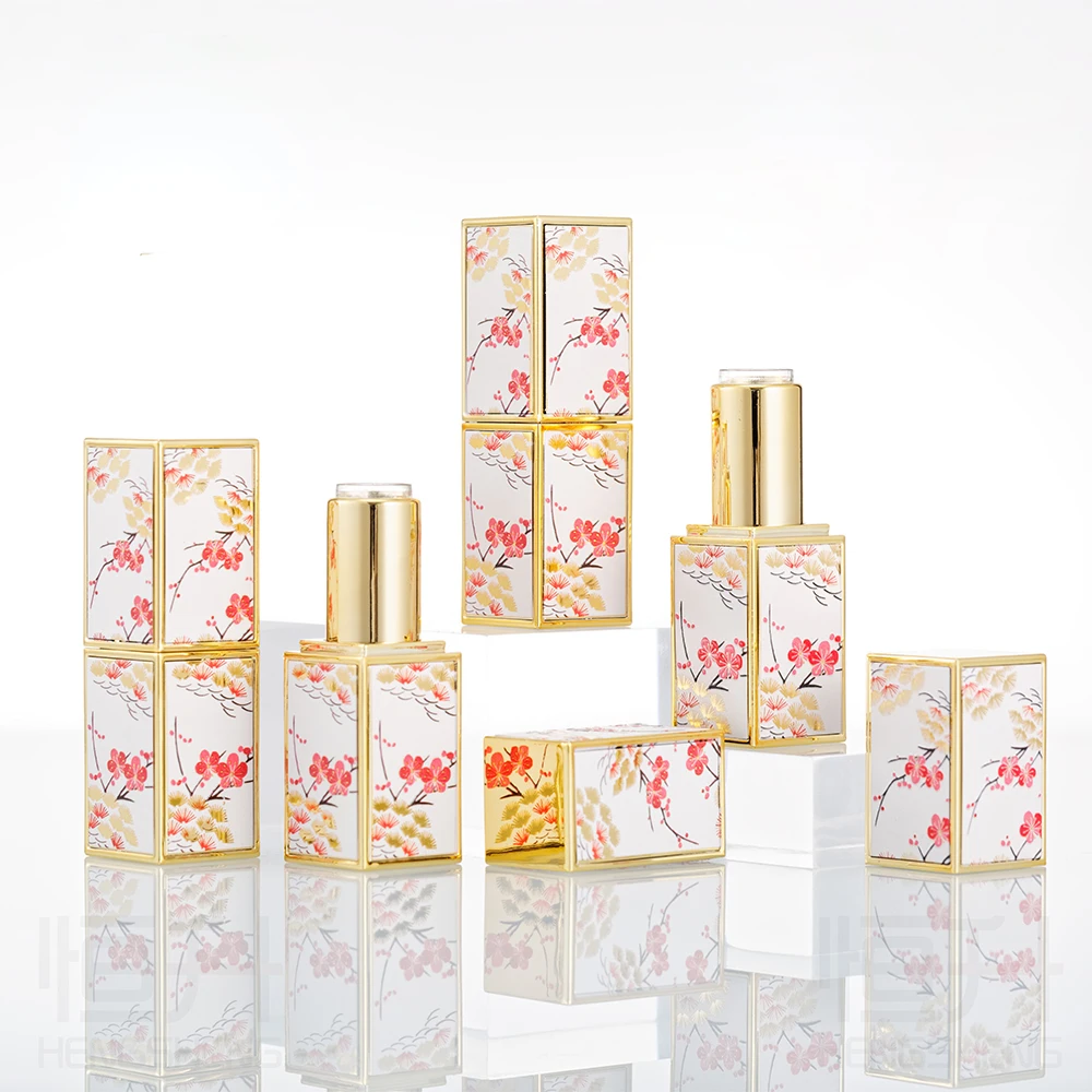 

High-grade embossed plum blossom empty lipstick square tube packaging white lipstick tube retro pattern