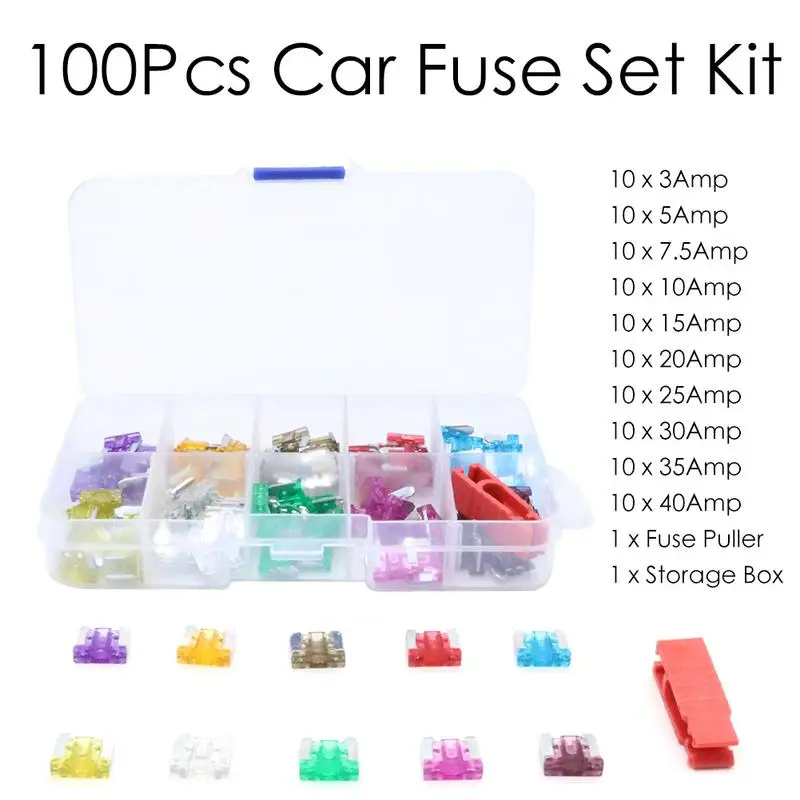 

Professional 100Pcs Assorted Fuse Pull Mini Low Profile Fuse Micro Blade Fuse Set Kit For Cars SUV Boats Motorcycles