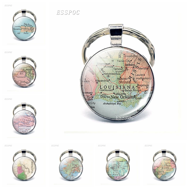 Vintage American Map Glass Cabochon KeyChain United States Washington DC Louisiana California Pendant Key Rings Fashion Gift